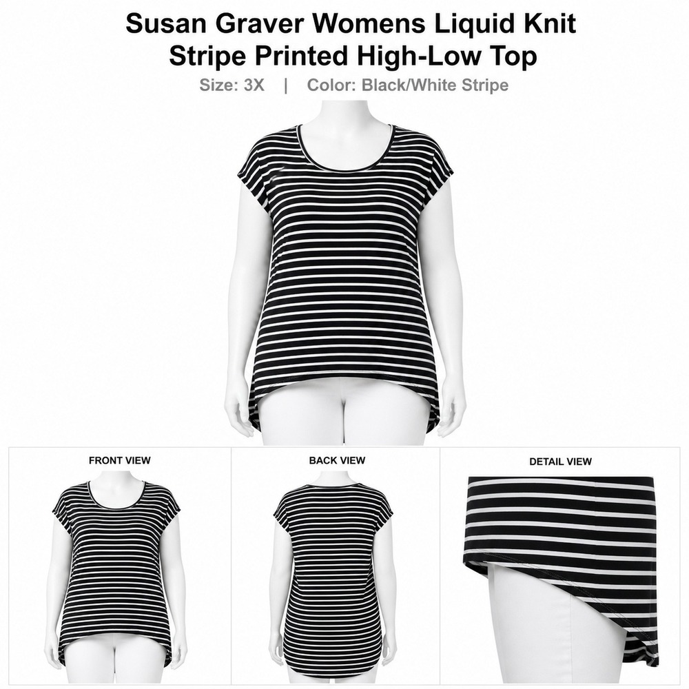 Susan Graver Womens 3X Liquid Knit Stripe Scoopโ Neck Hi-Low Top Black A253257
